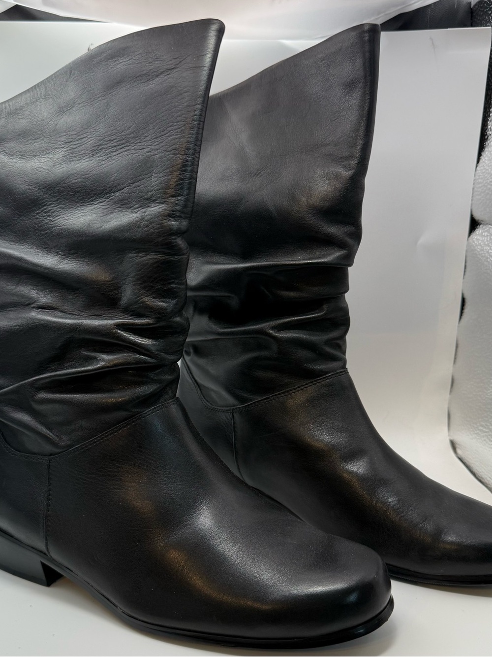 St Johns Bay Jamie Black Leather Mid Calf Low Heel Slouch Boots 7.5 Wide